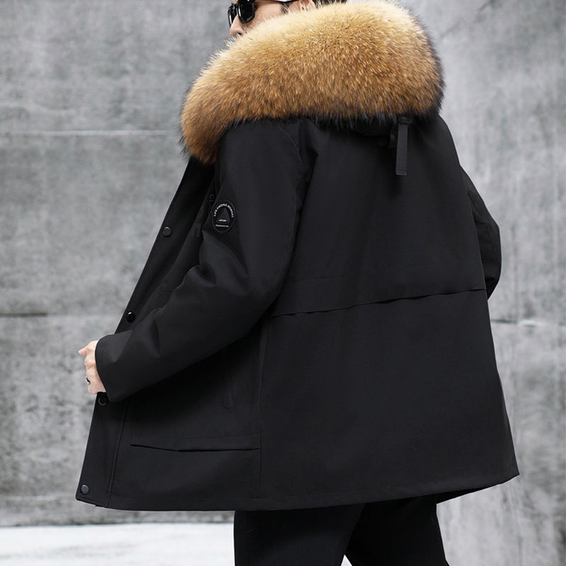 Genuine luxury-Men's Leather Fox Fur Mid-Length Hooded Fur Coat