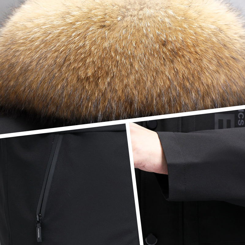 Genuine luxury-Men's Leather Fox Fur Mid-Length Hooded Fur Coat