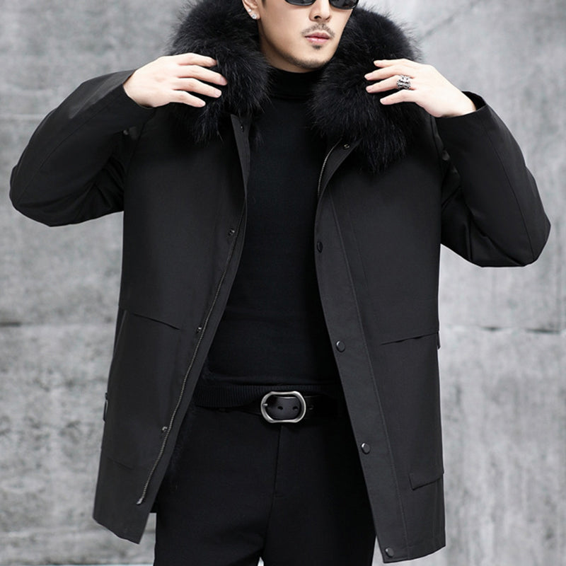 Genuine luxury-Men's Leather Fox Fur Mid-Length Hooded Fur Coat