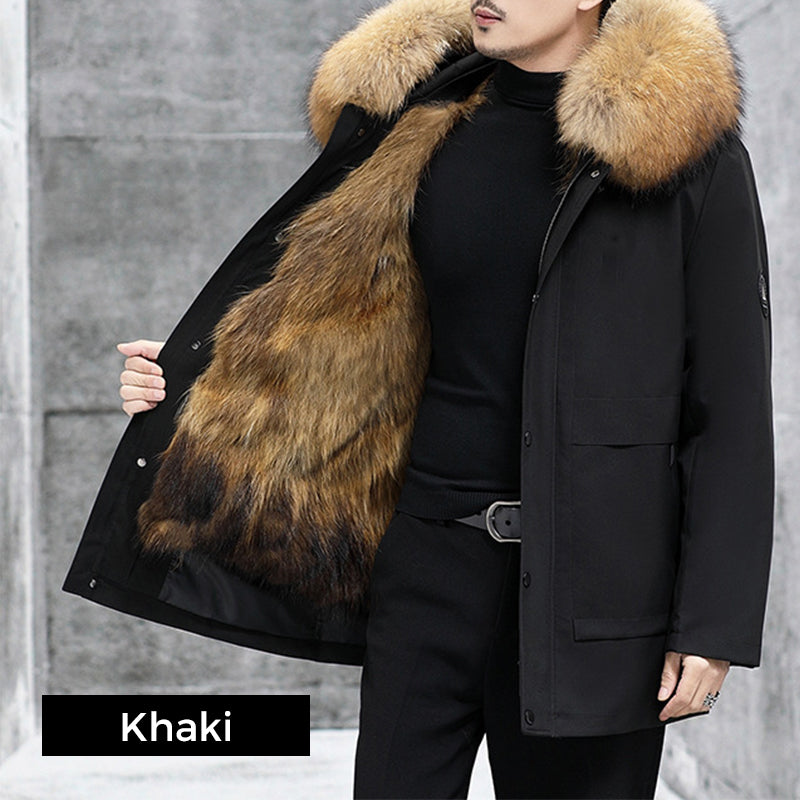 Genuine luxury-Men's Leather Fox Fur Mid-Length Hooded Fur Coat