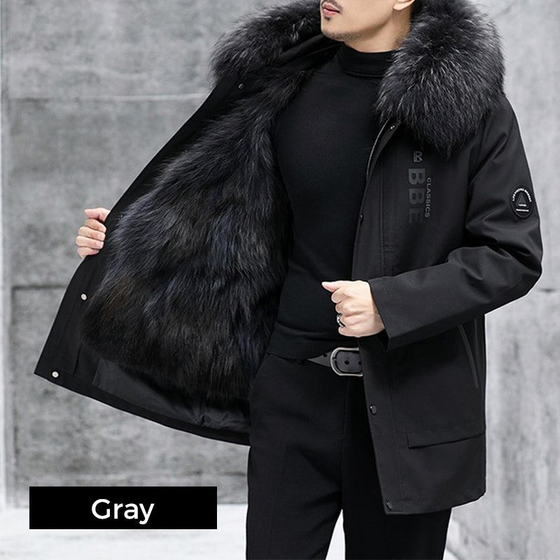 Genuine luxury-Men's Leather Fox Fur Mid-Length Hooded Fur Coat