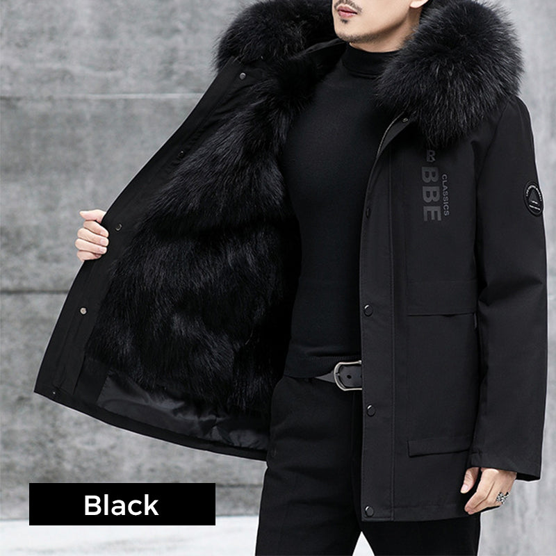 Genuine luxury-Men's Leather Fox Fur Mid-Length Hooded Fur Coat