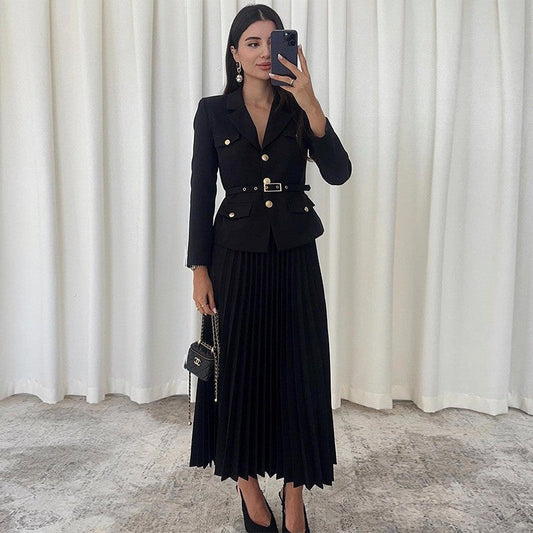 Women's Lapel Blazer & Pleated Maxi Skirt 2-Piece Set with Matching Belt