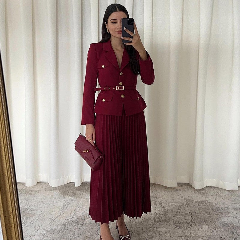 Women's Lapel Blazer & Pleated Maxi Skirt 2-Piece Set with Matching Belt