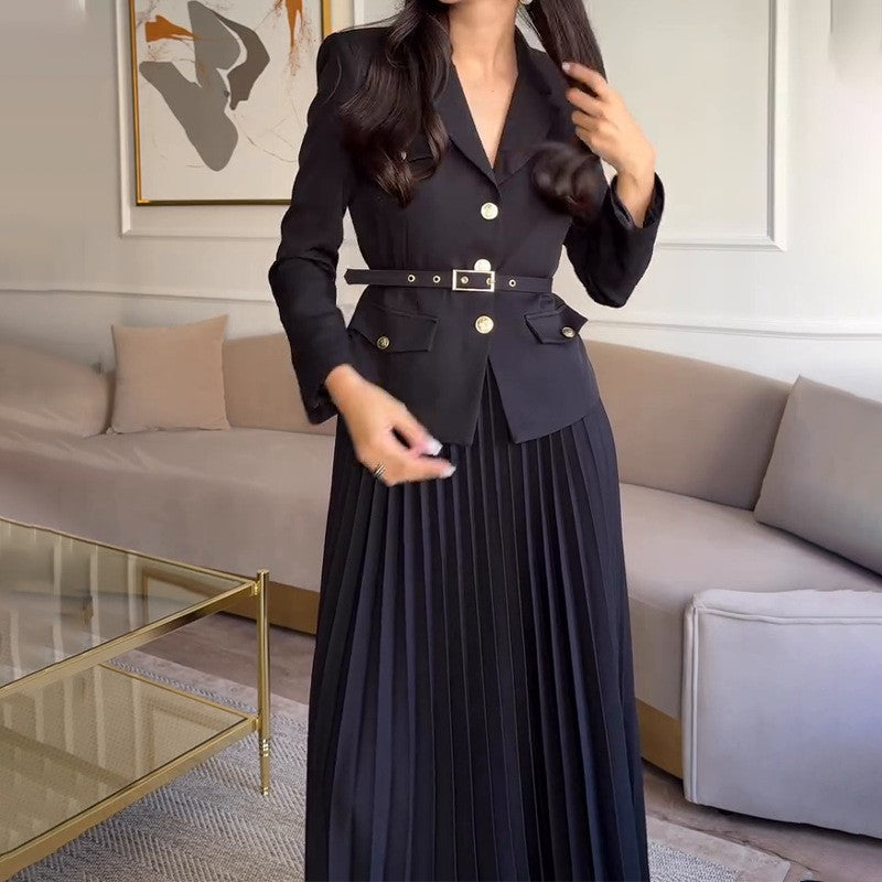 Women's Lapel Blazer & Pleated Maxi Skirt 2-Piece Set with Matching Belt