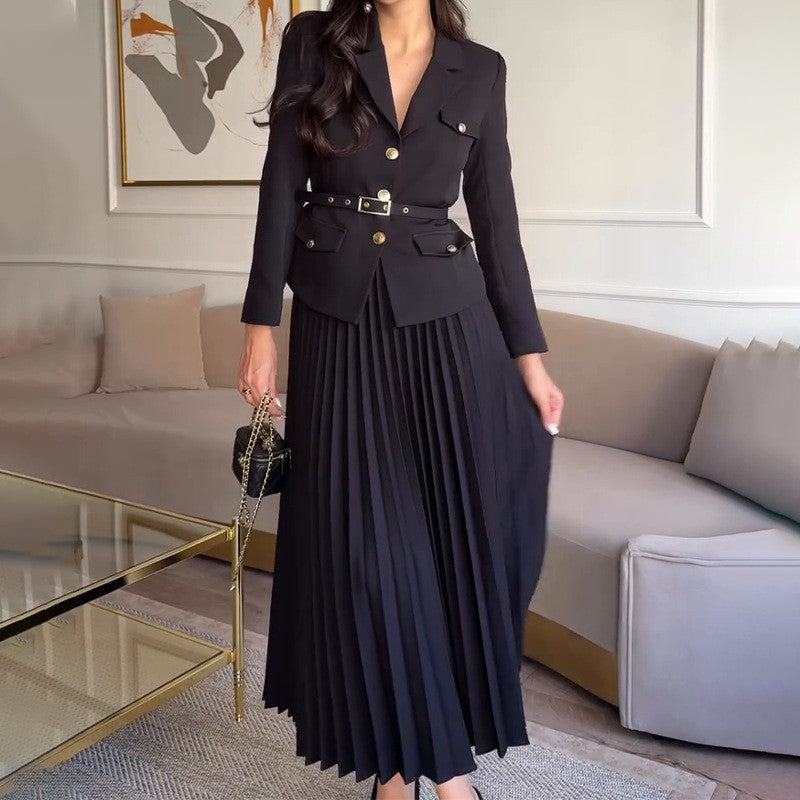 Women's Lapel Blazer & Pleated Maxi Skirt 2-Piece Set with Matching Belt