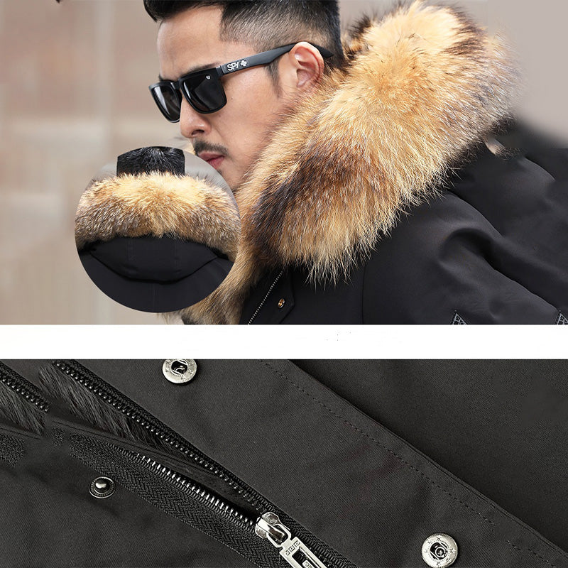 Men's Mid-Length Jacket with Removable Synthetic Fur