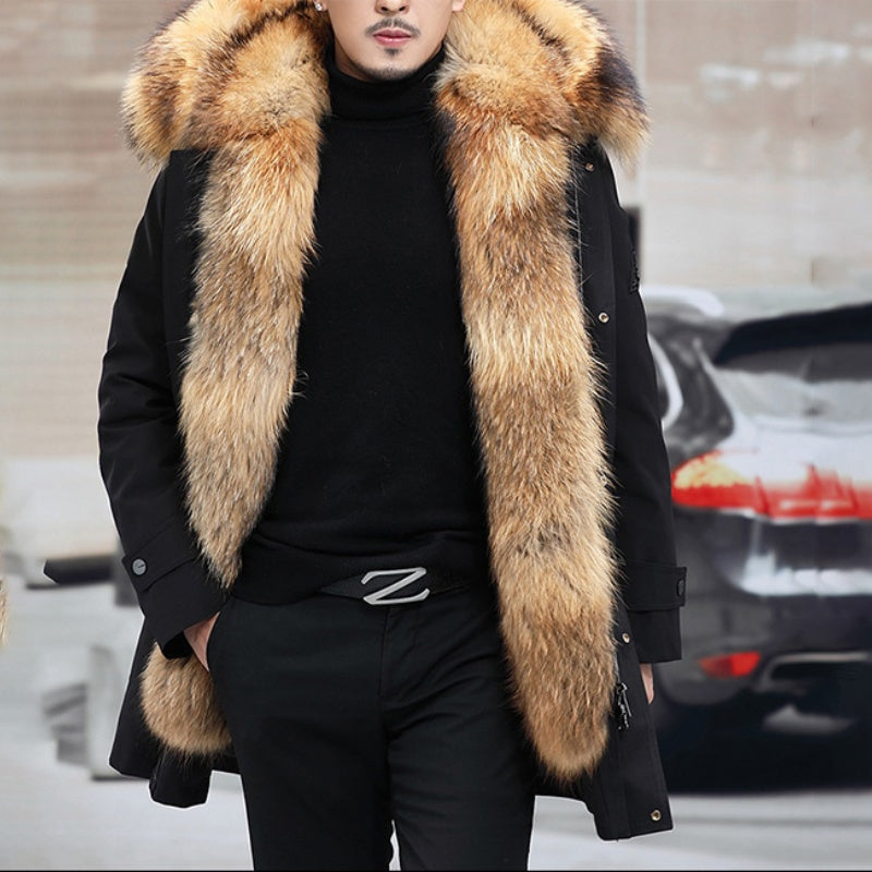 Men's Mid-Length Jacket with Removable Synthetic Fur