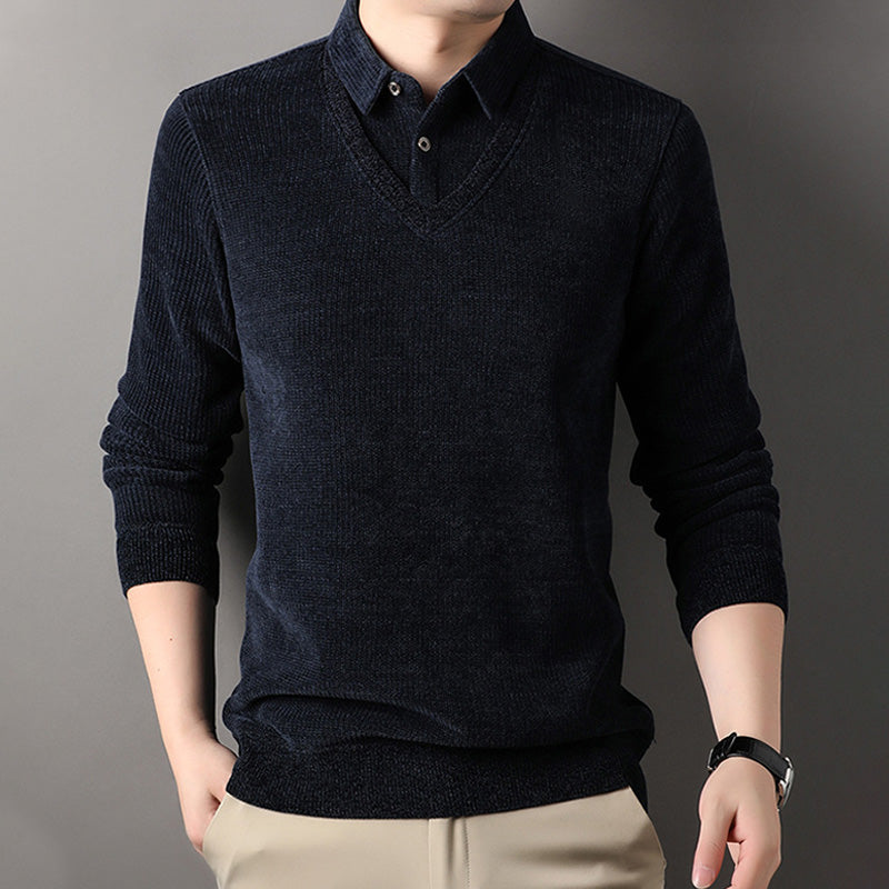 Men's Fake Two-Piece Lined Pullover with Lapel Collar