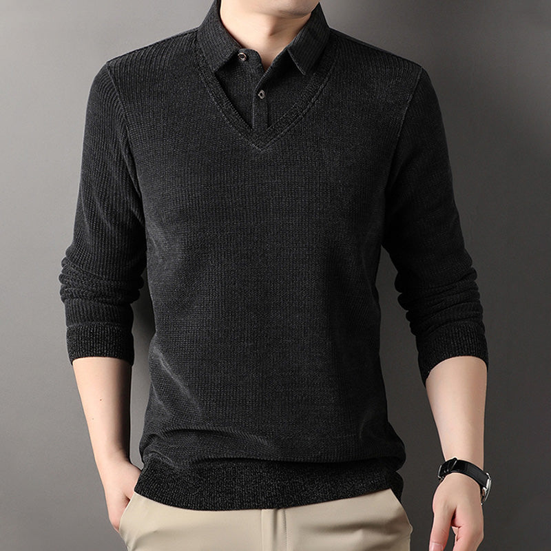 Men's Fake Two-Piece Lined Pullover with Lapel Collar