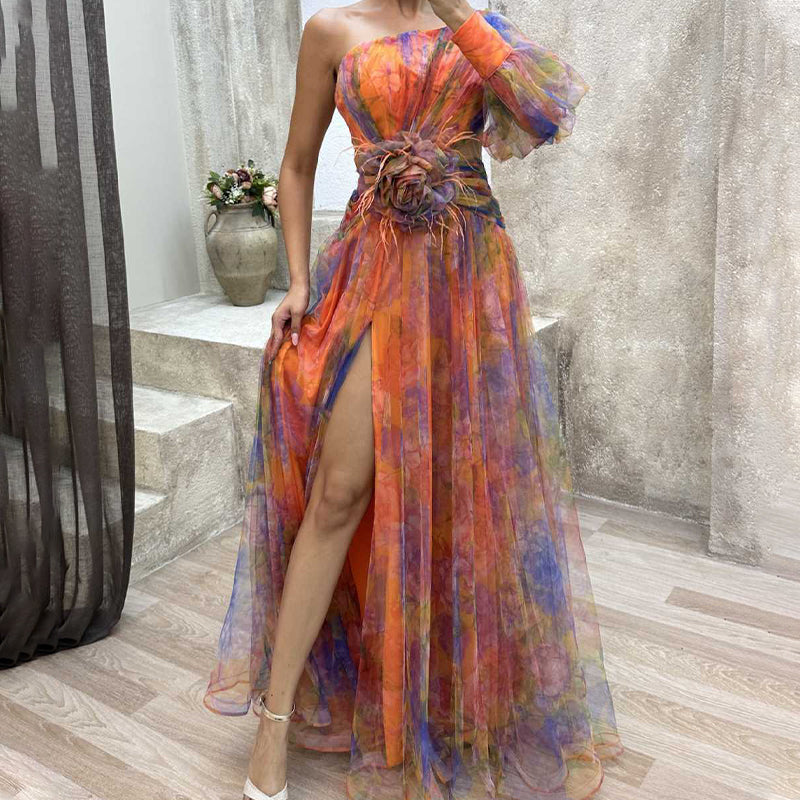 🎉🛍️Hot Promotion 50% OFF💃 Multicolor Asymmetric Party Dress With Flower Details