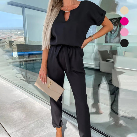 Women's Trendy V-Neck Short Sleeve Jumpsuit with Tie Waist