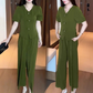 V-Neck Short Sleeve Top & Matching Wide-Leg Pants 2-Piece Set for Women