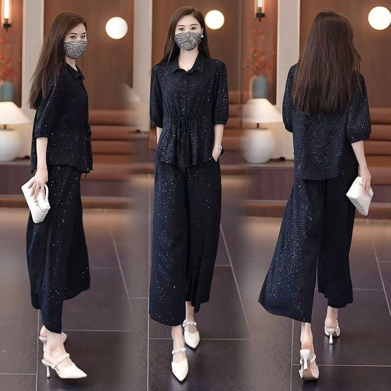 ⏳Time-limited Special⏰Fashion Solid Color Sparkle Shirt & Wide-Leg Pants Set