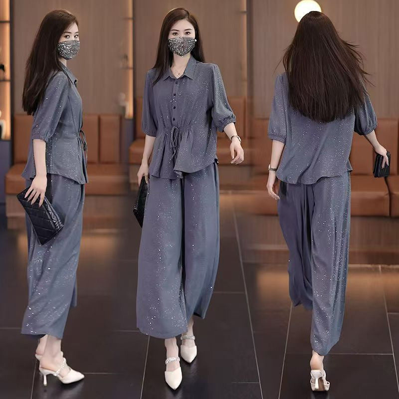 ⏳Time-limited Special⏰Fashion Solid Color Sparkle Shirt & Wide-Leg Pants Set