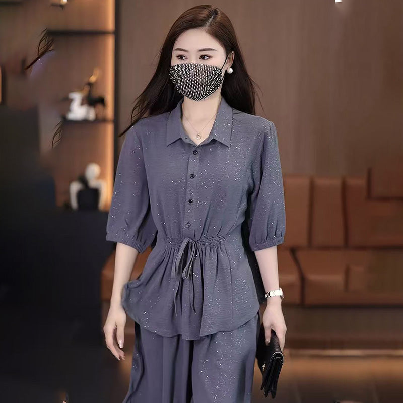 ⏳Time-limited Special⏰Fashion Solid Color Sparkle Shirt & Wide-Leg Pants Set