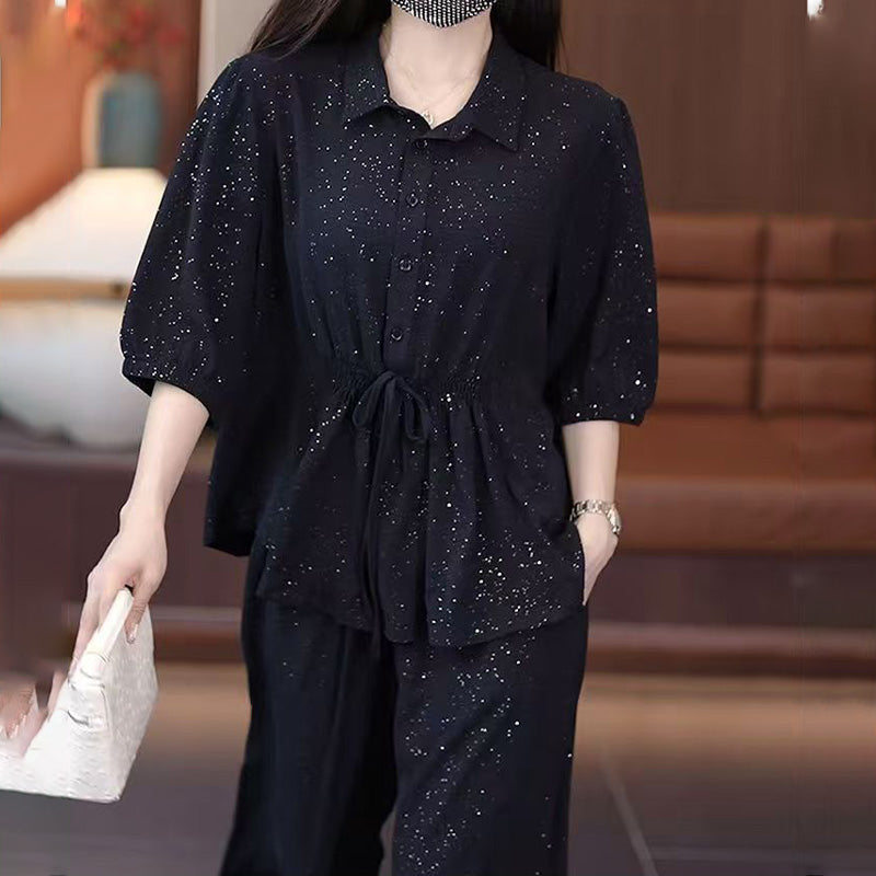 ⏳Time-limited Special⏰Fashion Solid Color Sparkle Shirt & Wide-Leg Pants Set
