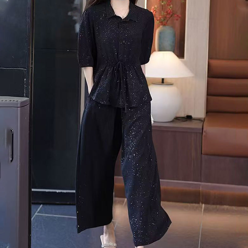 ⏳Time-limited Special⏰Fashion Solid Color Sparkle Shirt & Wide-Leg Pants Set