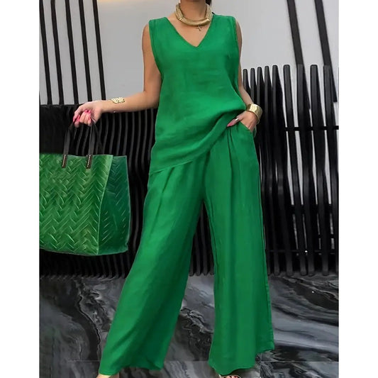 Women's Summer Solid Loose Sleeveless V-Neck Top & Wide-Leg Pants 2-Piece Set