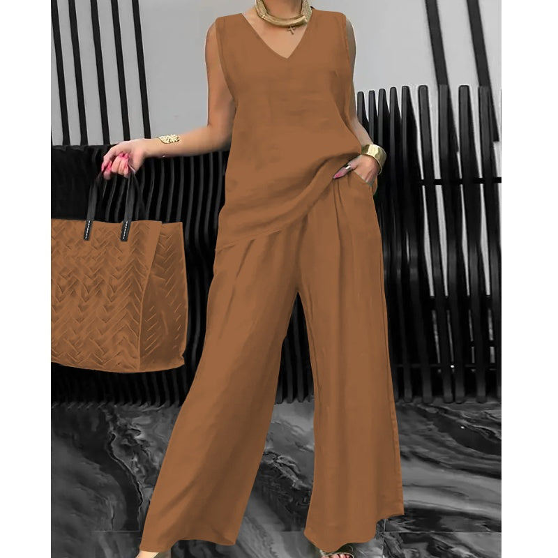 Women's Summer Solid Loose Sleeveless V-Neck Top & Wide-Leg Pants 2-Piece Set