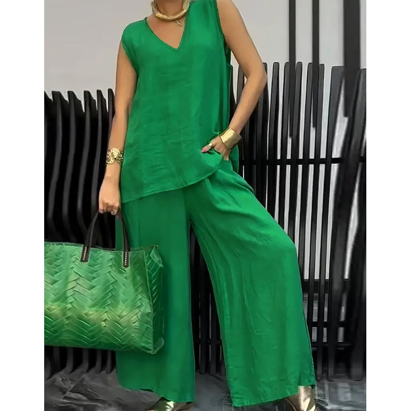 Women's Summer Solid Loose Sleeveless V-Neck Top & Wide-Leg Pants 2-Piece Set
