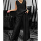 Women's Summer Solid Loose Sleeveless V-Neck Top & Wide-Leg Pants 2-Piece Set