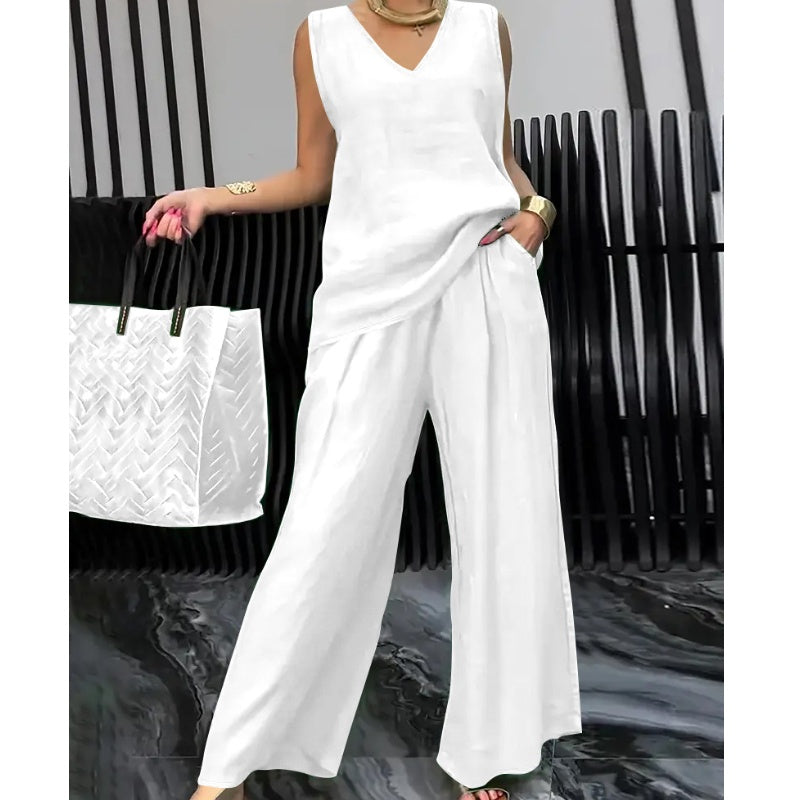 Women's Summer Solid Loose Sleeveless V-Neck Top & Wide-Leg Pants 2-Piece Set