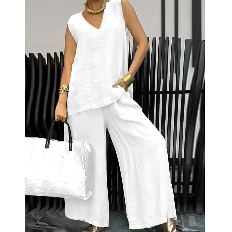 Women's Summer Solid Loose Sleeveless V-Neck Top & Wide-Leg Pants 2-Piece Set