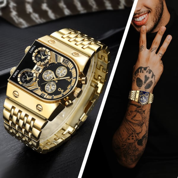 💼Business men's watch | Large 51 mm dial | Gold and stainless steel folding clasp | Waterproof and stylish