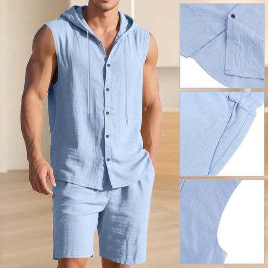 Men's Casual Linen Hooded Tank Top & Shorts Set