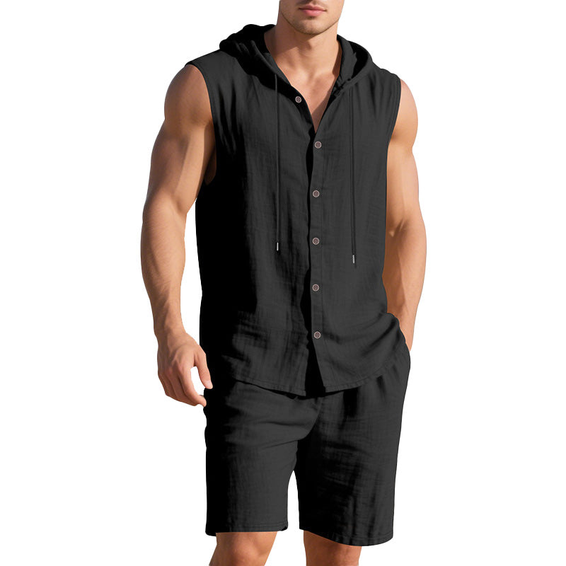 Men's Casual Linen Hooded Tank Top & Shorts Set