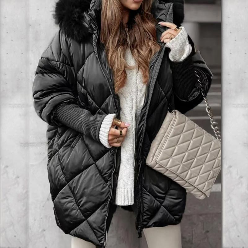 Women’s Winter Fashionable Mid-length Parka Coat with Knit Sleeves Patchwork