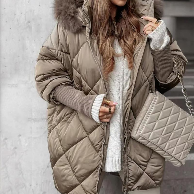 Women’s Winter Fashionable Mid-length Parka Coat with Knit Sleeves Patchwork