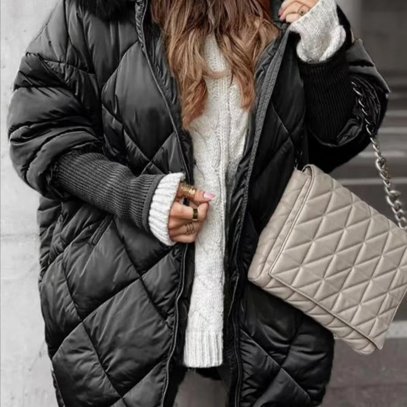 Women’s Winter Fashionable Mid-length Parka Coat with Knit Sleeves Patchwork