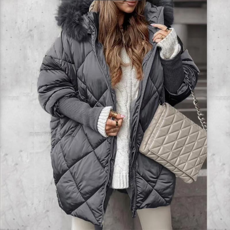 Women’s Winter Fashionable Mid-length Parka Coat with Knit Sleeves Patchwork