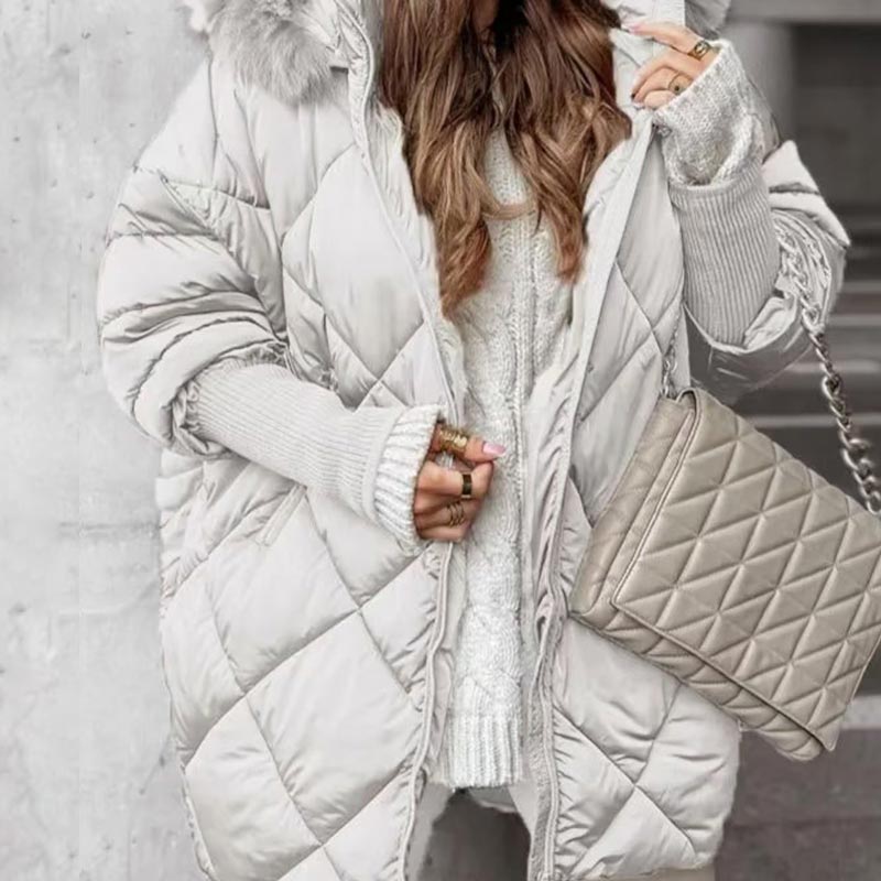 Women’s Winter Fashionable Mid-length Parka Coat with Knit Sleeves Patchwork