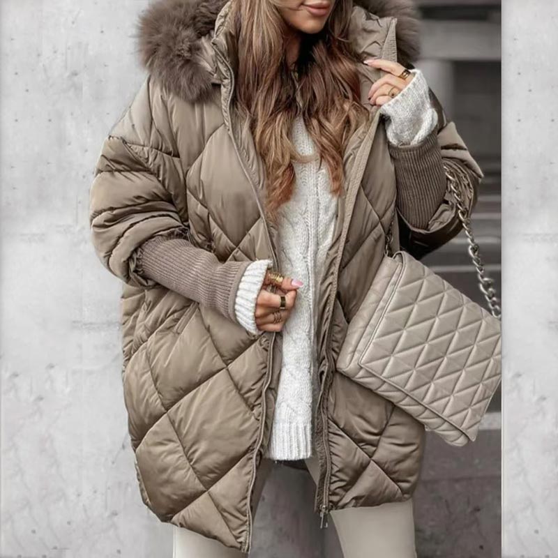 Women’s Winter Fashionable Mid-length Parka Coat with Knit Sleeves Patchwork