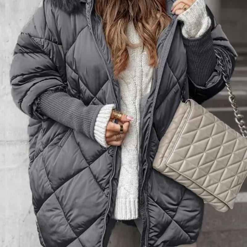 Women’s Winter Fashionable Mid-length Parka Coat with Knit Sleeves Patchwork