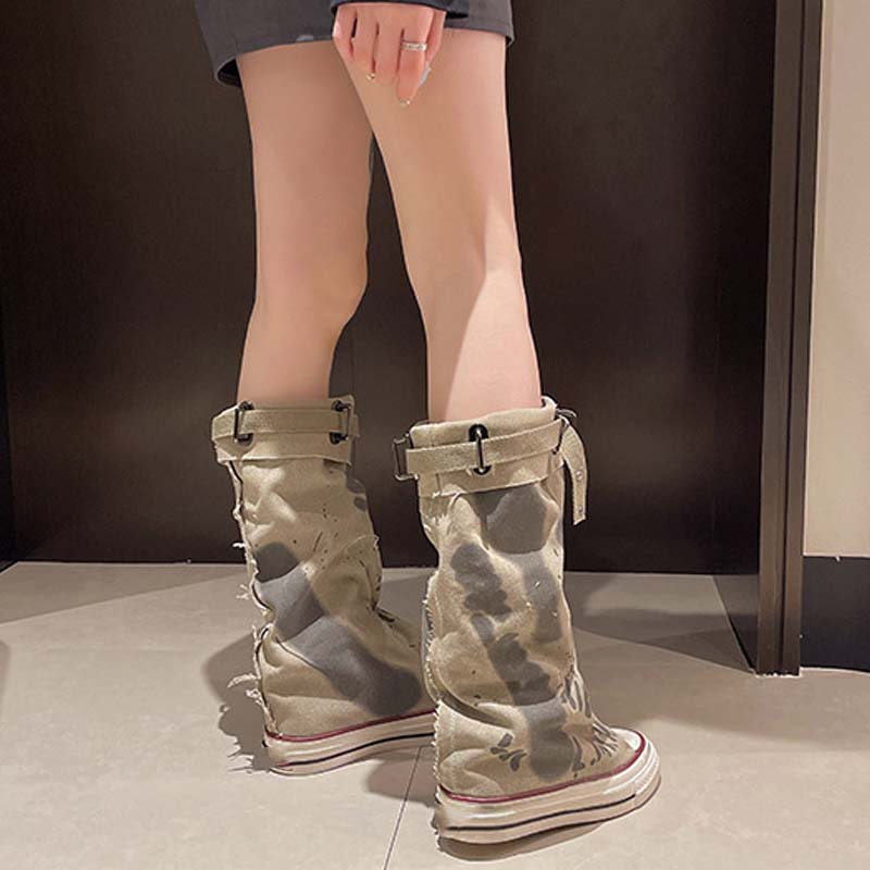 ⏳Time-limited Special⏰Women's Retro Flat Slouch Mid-Calf Canvas Boots