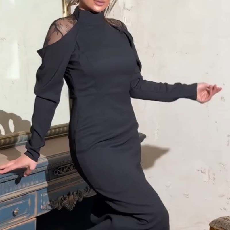 👗 [S-5XL] Versatile-Customized🔥Women's Elegant Mock Neck Lace Back Midi Dress