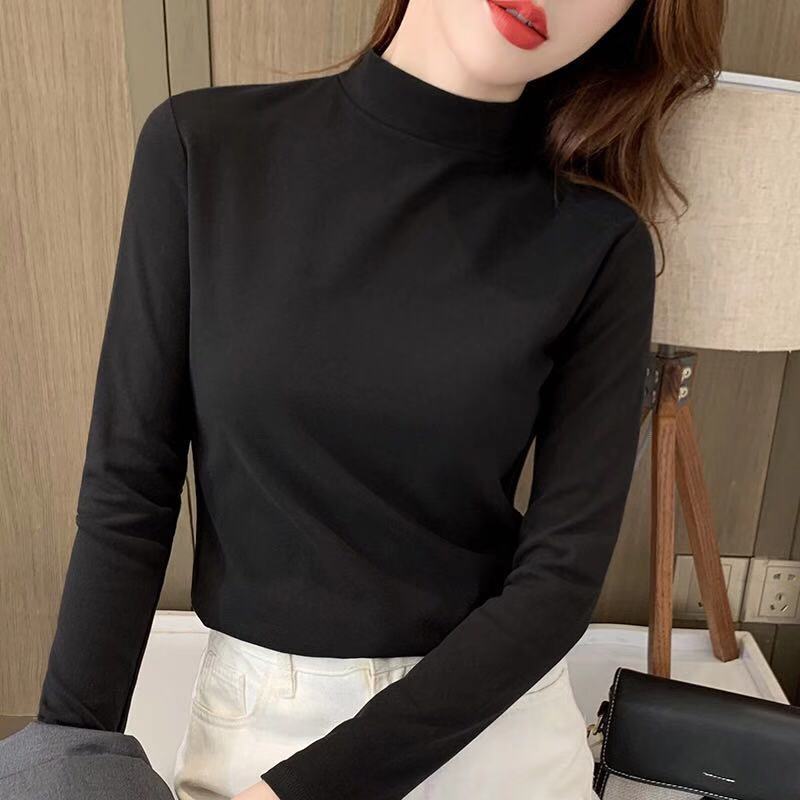 Women's Comfortable Solid Color Half High Neck Long Sleeve Top