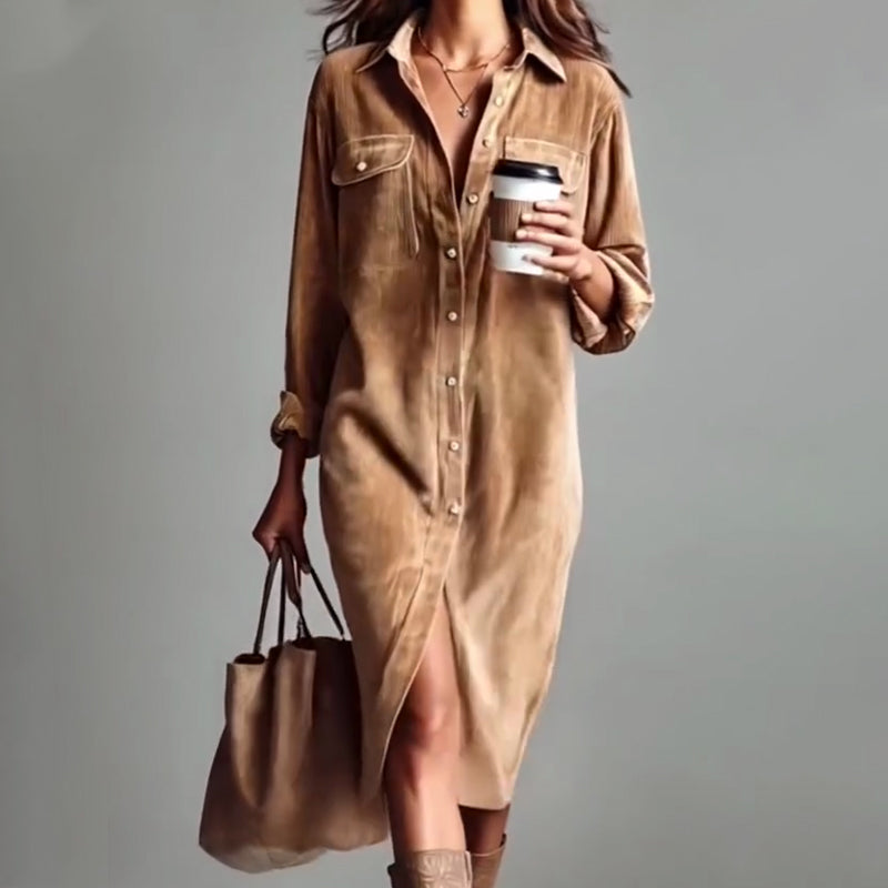 🔥 50% OFF! Effortless Chic Corduroy Shirt Dress – Soft, Cozy & Versatile for All Seasons 🍂