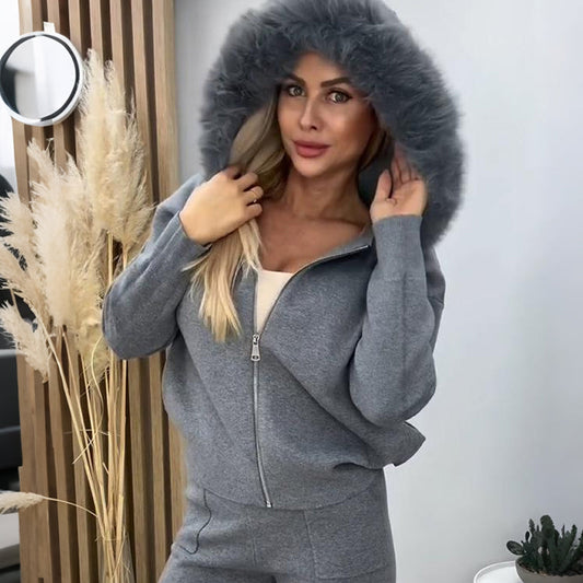 🔥Hot Sale Offers-Women’s Plush Collar Zip-Up Hoodie & Jogger Set