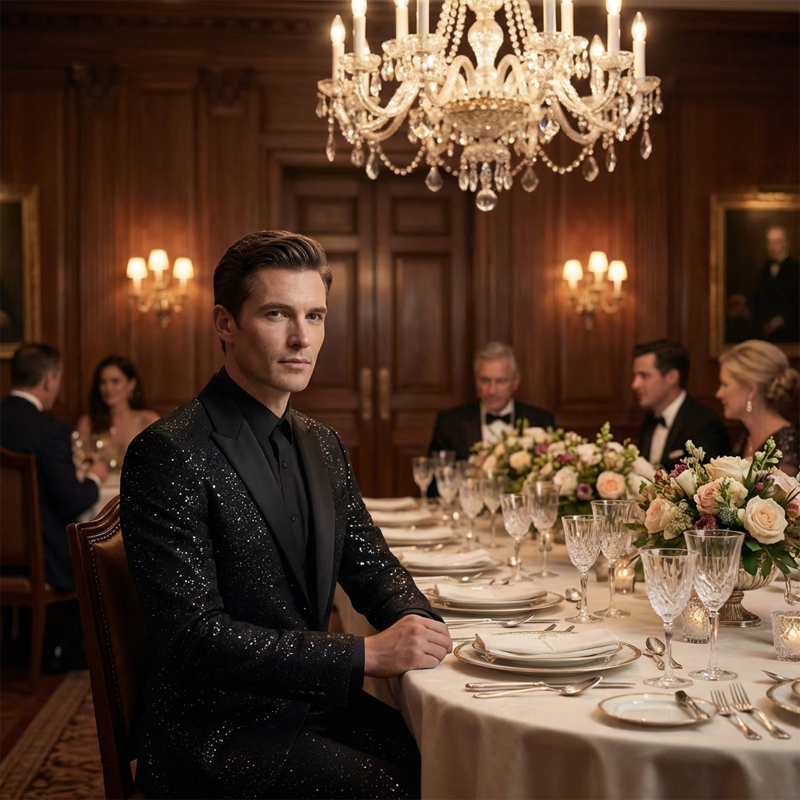 ⏳Time-Limited Special⏰Men's Black Sparkle Tuxedo Suit Set