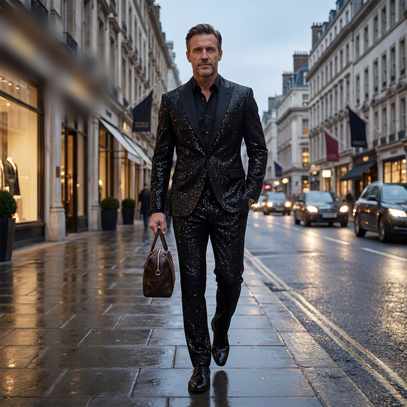 ⏳Time-Limited Special⏰Men's Black Sparkle Tuxedo Suit Set