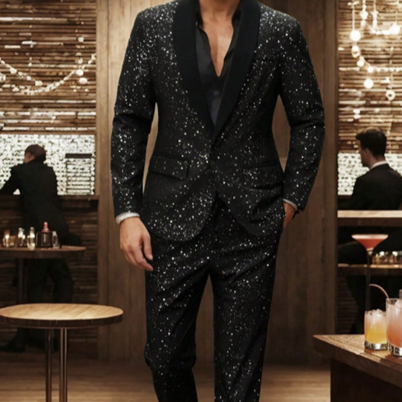 ⏳Time-Limited Special⏰Men's Black Sparkle Tuxedo Suit Set