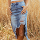 💙40% OFF! 💎 Women's High-Waist Ripped Denim Midi Skirt – Asymmetrical Hem, Distressed Details & Flattering Fit 👖✨