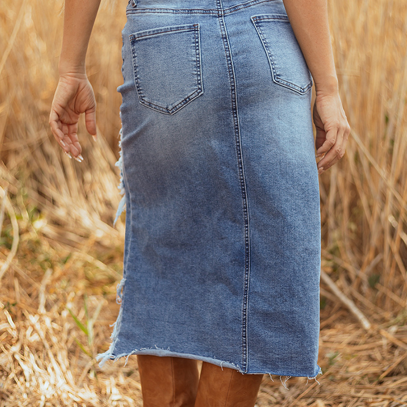 💙40% OFF! 💎 Women's High-Waist Ripped Denim Midi Skirt – Asymmetrical Hem, Distressed Details & Flattering Fit 👖✨