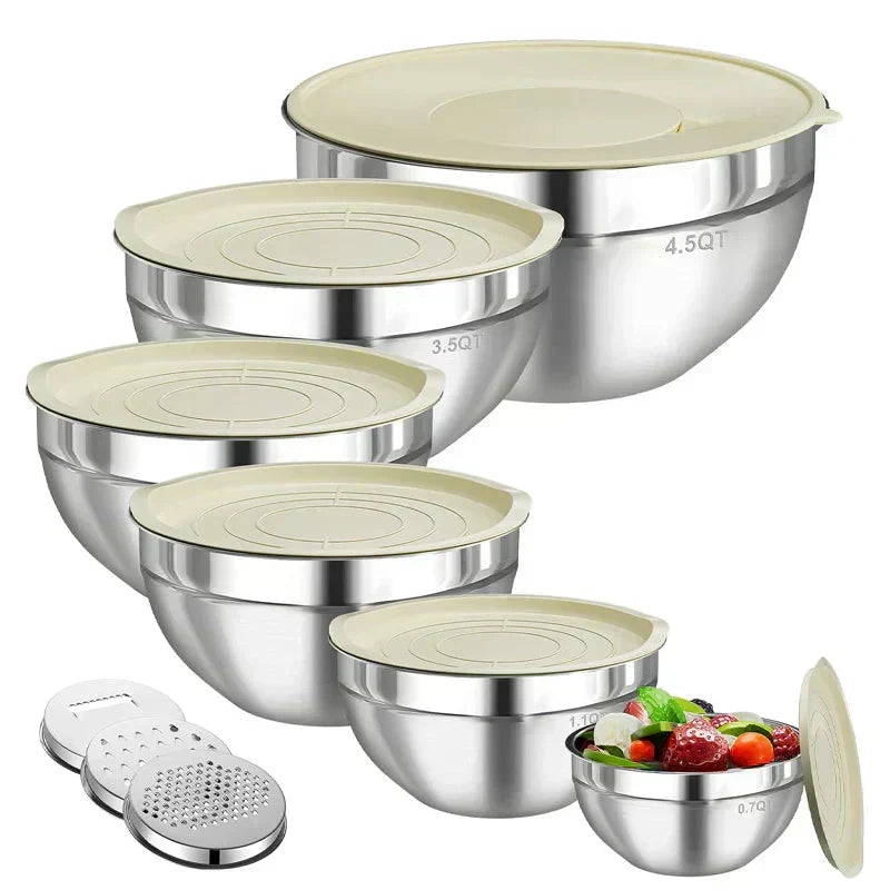 🎉 2026 Sale — Over 31,200 Sold! 🥣 304 Stainless Steel Mixing Bowl Set with Airtight Lids & Grater Attachments 🔪✨
