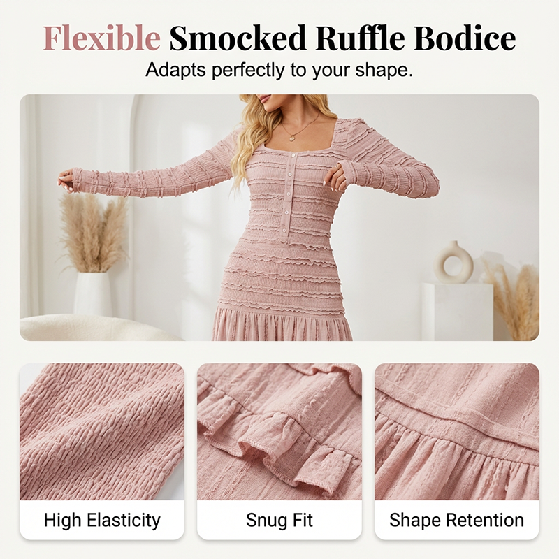 ✨ 50% OFF NOW! 👗 Square Neck Maxi Dress – Smocked Bodice, Ruffle Trim & Breathable Fabric 🌸